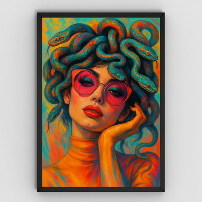 Retro style Medusa artwork with snakes for hair, wearing pink sunglasses, vibrant colors