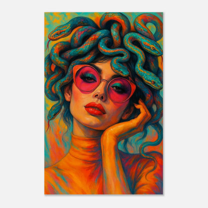 Retro Medusa portrait with snake hair, sunglasses, vibrant colors, mythology wall art