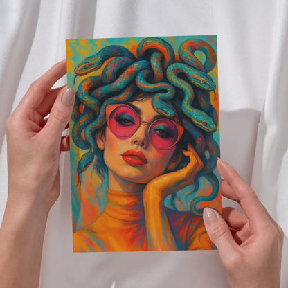 Retro-style Medusa art print, woman with snake hair, pink sunglasses, vivid colors
