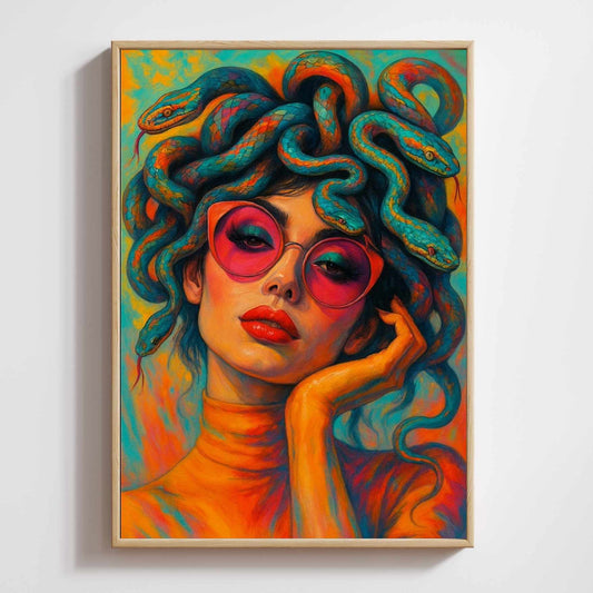 Retro-style Medusa portrait art print featuring a modern woman with snakes in her hair and wearing pink sunglasses