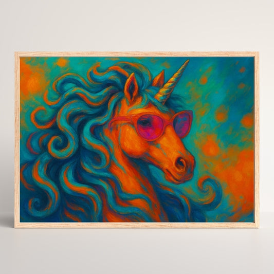 Retro-style unicorn artwork with 70s fantasy colors.