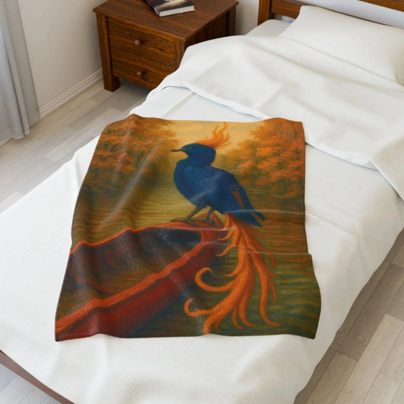 Fantasy blanket with blue phoenix and fiery tail on a boat in autumn forest scene
