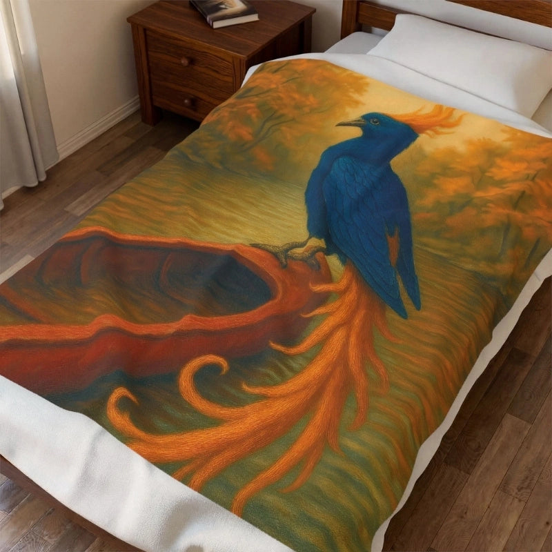 Mythical blue phoenix blanket with fiery tail, fantasy art bedding on a bed