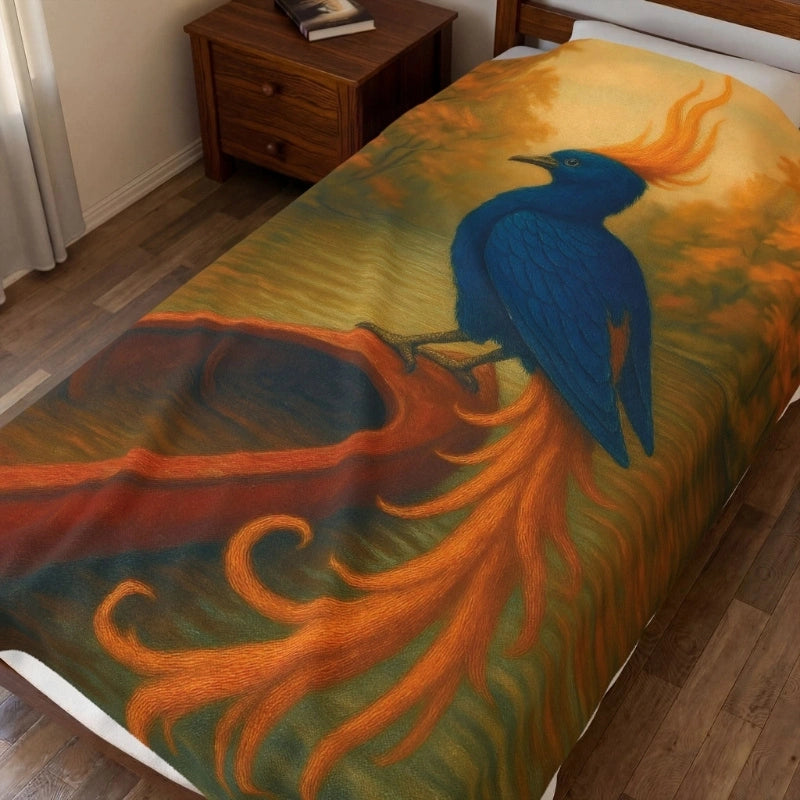 Mythical phoenix bird art blanket with vibrant orange and blue design on a bed