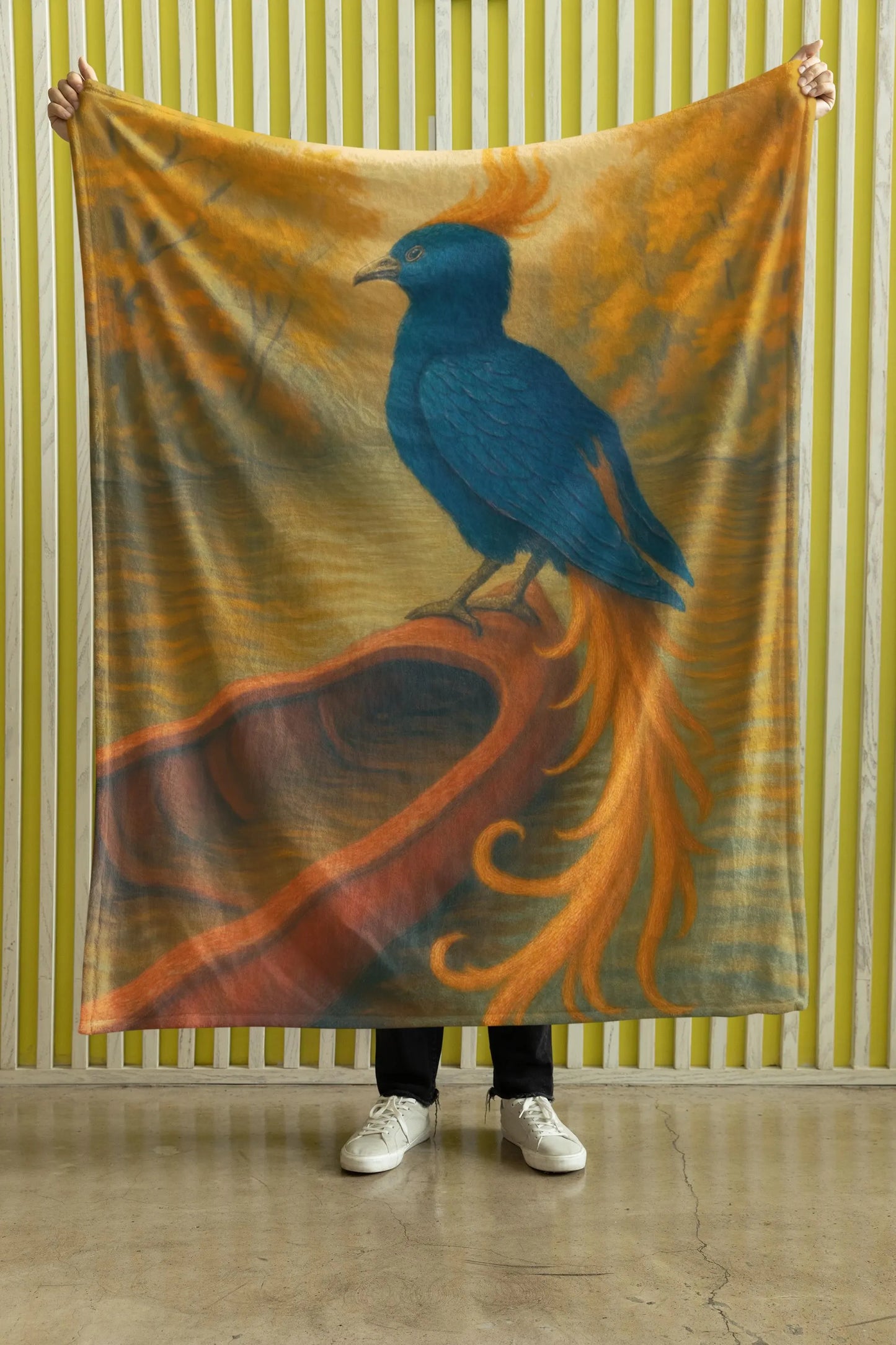 Plush blanket with blue phoenix bird and flaming orange tail fantasy art design