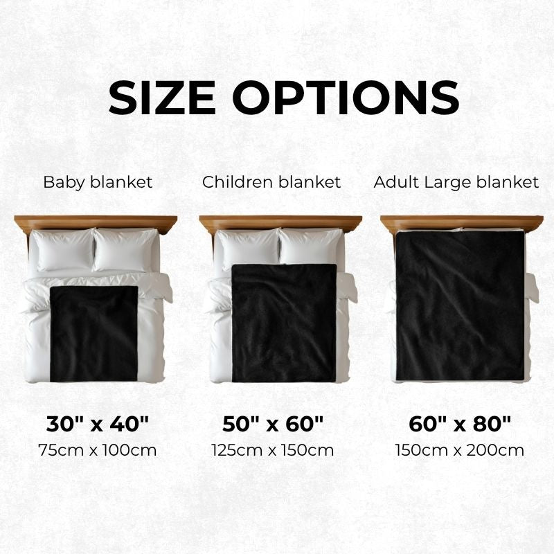 Blanket size options chart showing baby, children, and adult large blankets on beds