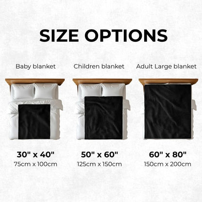Blanket size options chart showing baby, children, and adult large blankets on beds