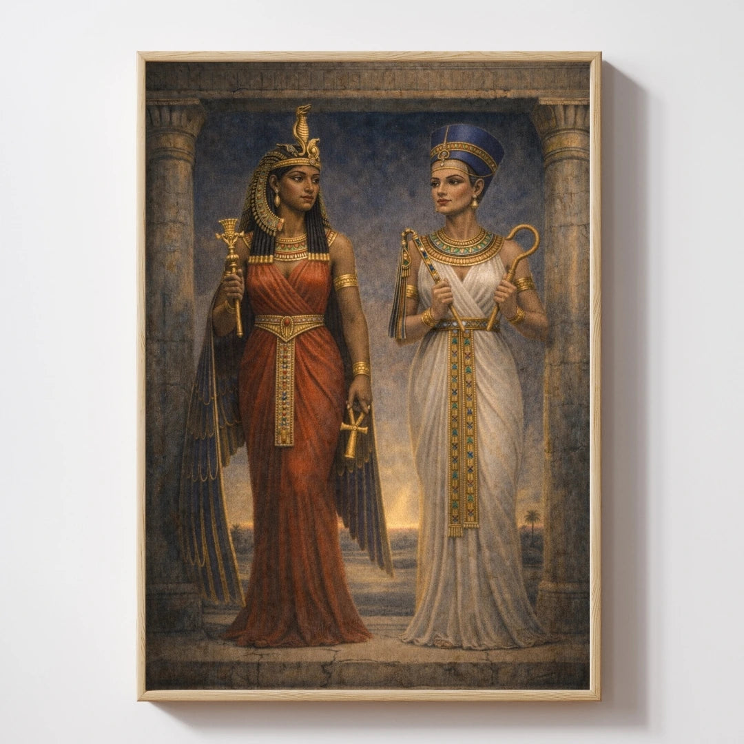 Egyptian mythology wall art featuring Sobekneferu and Twosret, two female pharaohs standing in temple setting with traditional attire and symbolic elements, representing feminine power and ancient Egypt history.