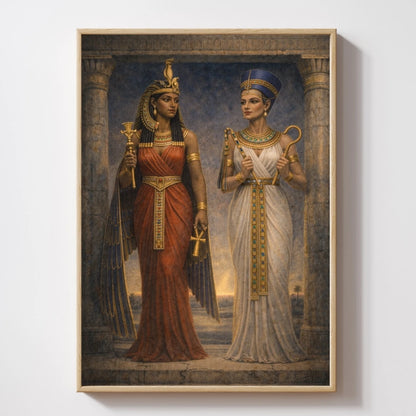 Egyptian mythology wall art featuring Sobekneferu and Twosret, two female pharaohs standing in temple setting with traditional attire and symbolic elements, representing feminine power and ancient Egypt history.
