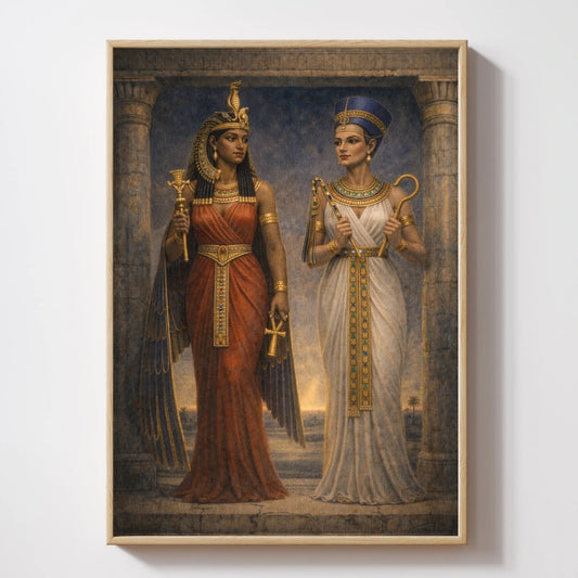 Egyptian mythology wall art featuring Sobekneferu and Twosret, two female pharaohs standing in temple setting with traditional attire and symbolic elements, representing feminine power and ancient Egypt history.