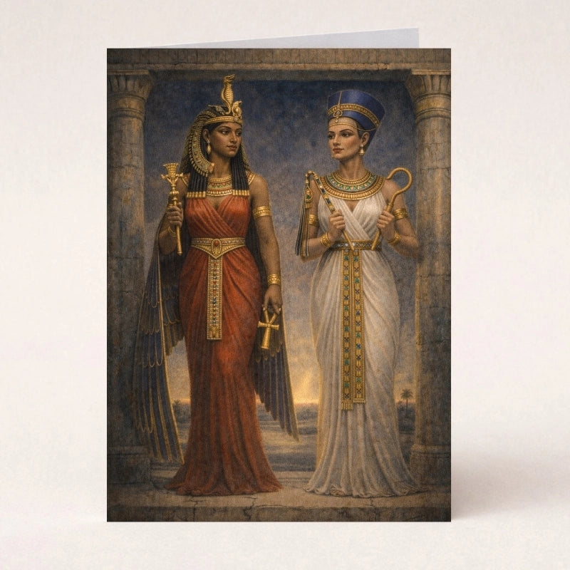 Egyptian mythology wall art featuring Sobekneferu and Twosret, two female pharaohs standing in temple setting with traditional attire and symbolic elements, representing feminine power and ancient Egypt history.