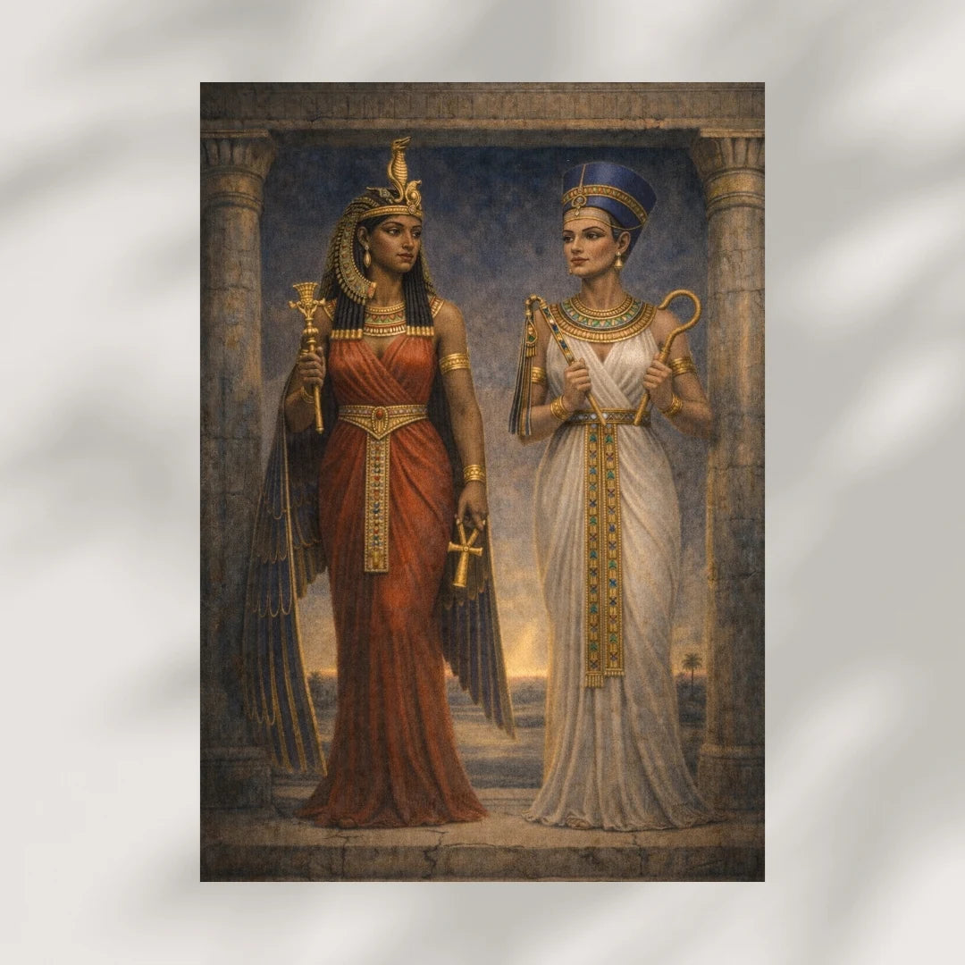 Egyptian mythology wall art featuring Sobekneferu and Twosret, two female pharaohs standing in temple setting with traditional attire and symbolic elements, representing feminine power and ancient Egypt history.