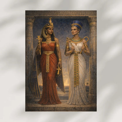 Egyptian mythology wall art featuring Sobekneferu and Twosret, two female pharaohs standing in temple setting with traditional attire and symbolic elements, representing feminine power and ancient Egypt history.