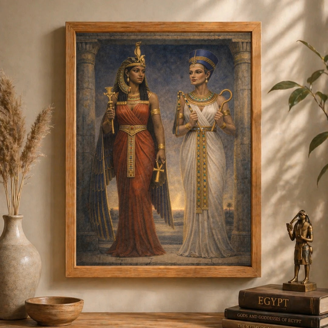 Egyptian mythology wall art featuring Sobekneferu and Twosret, two female pharaohs standing in temple setting with traditional attire and symbolic elements, representing feminine power and ancient Egypt history.