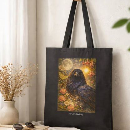 Black tote bag with mystical raven artwork, moon, glowing light, flowers, and floral background