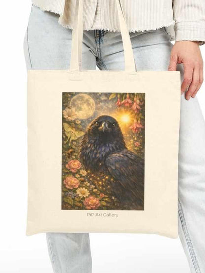 Tote bag with mystical raven and moonlight fantasy art, surrounded by flowers