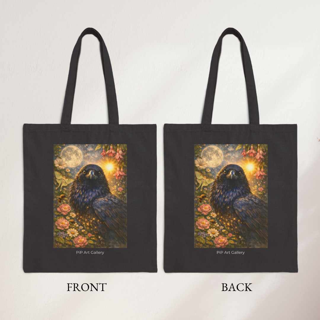 Black tote bag with mystical raven, full moon, glowing light, and flowers in fantasy art style.