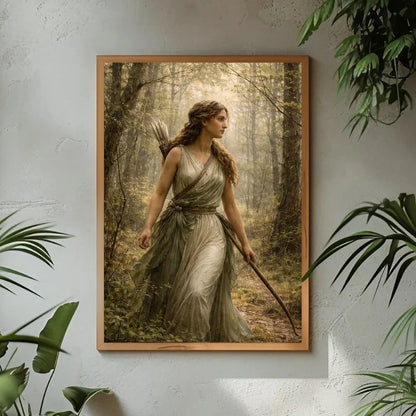 Mythology-inspired wall art of  Artemis in a forest, fantasy decor print