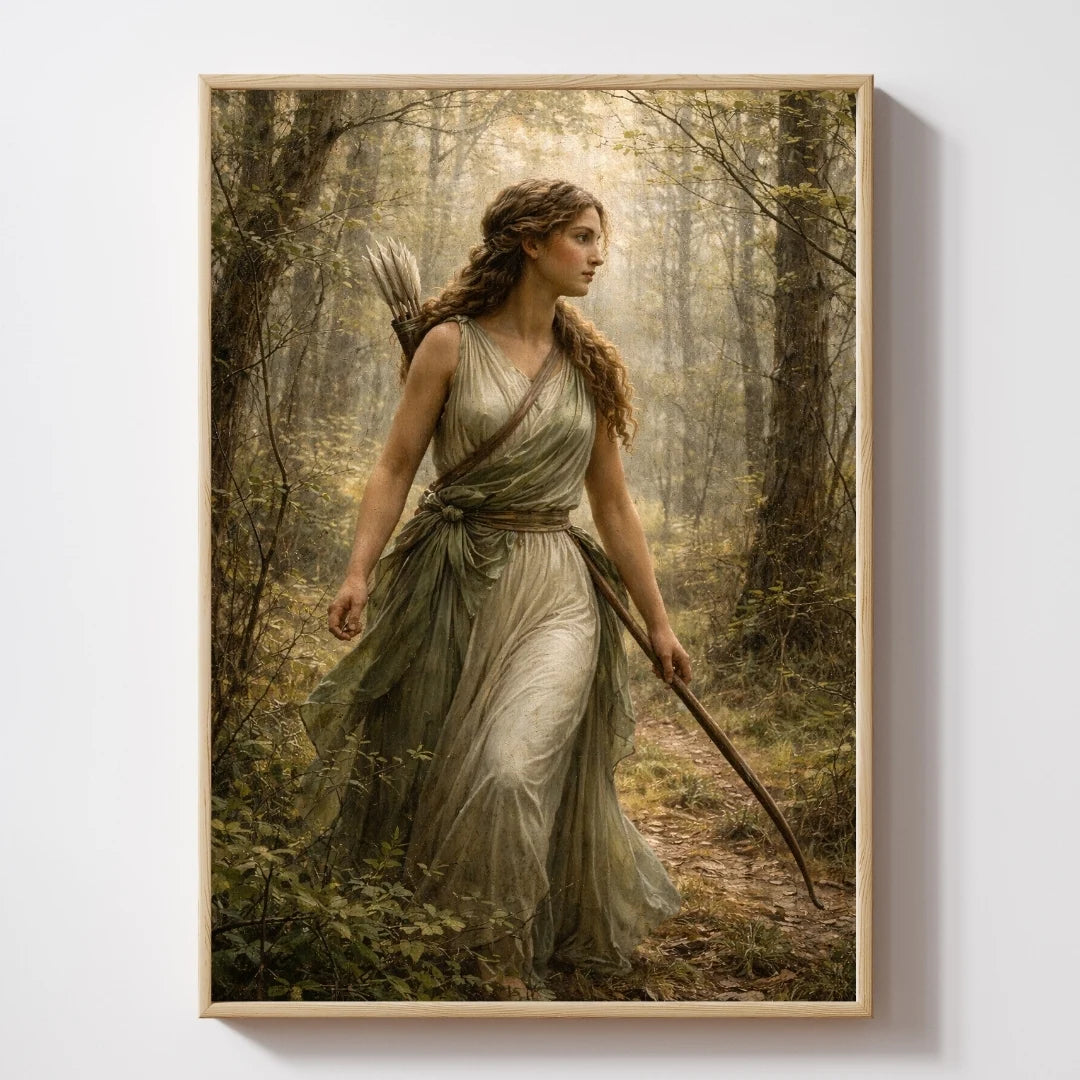 Mythology-inspired wall art of  Artemis in a forest, fantasy decor print