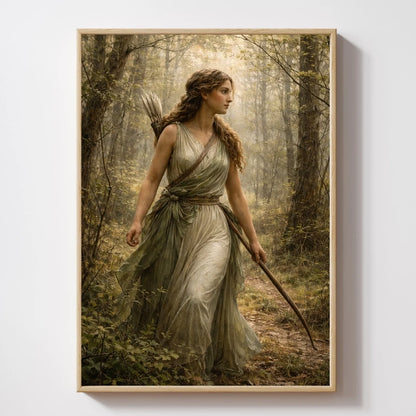 Mythology-inspired wall art of  Artemis in a forest, fantasy decor print