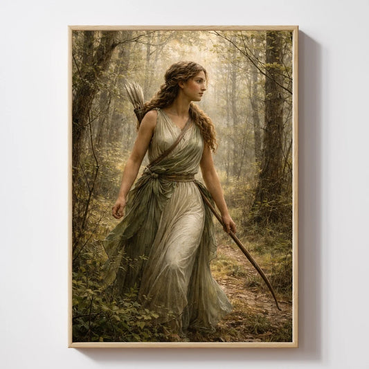 Mythology-inspired wall art of  Artemis in a forest, fantasy decor print