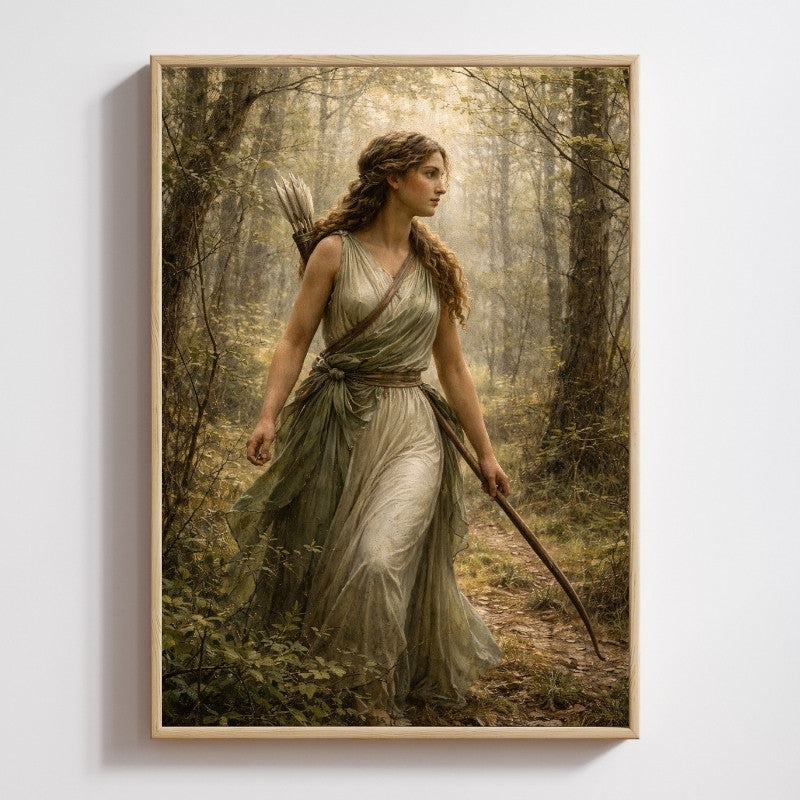 Mythology-inspired art print of a woman archer in a forest, fantasy wall decor