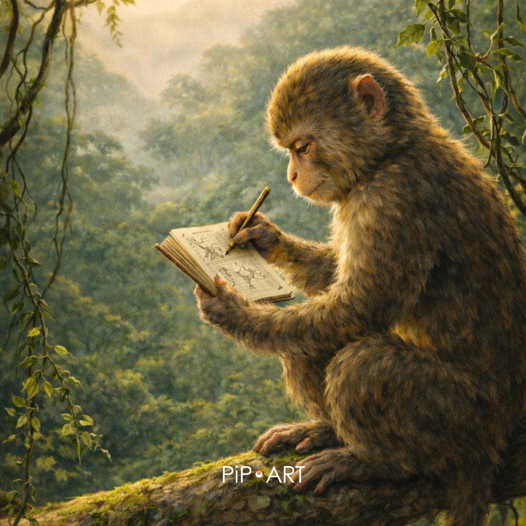 Monkey sitting on a tree branch drawing in a notebook, surrounded by lush forest landscape