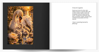 Wildlife art book spread showing swan with cygnets on water symbolizing calm maternal care