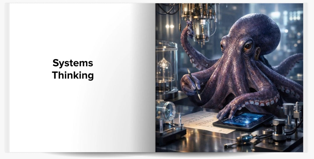 Open book with octopus scientist analyzing tools and data representing systems thinking skills