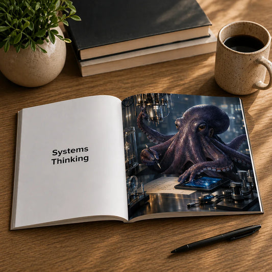 Book spread featuring octopus using tools and tablet symbolizing complex problem solving and systems thinking