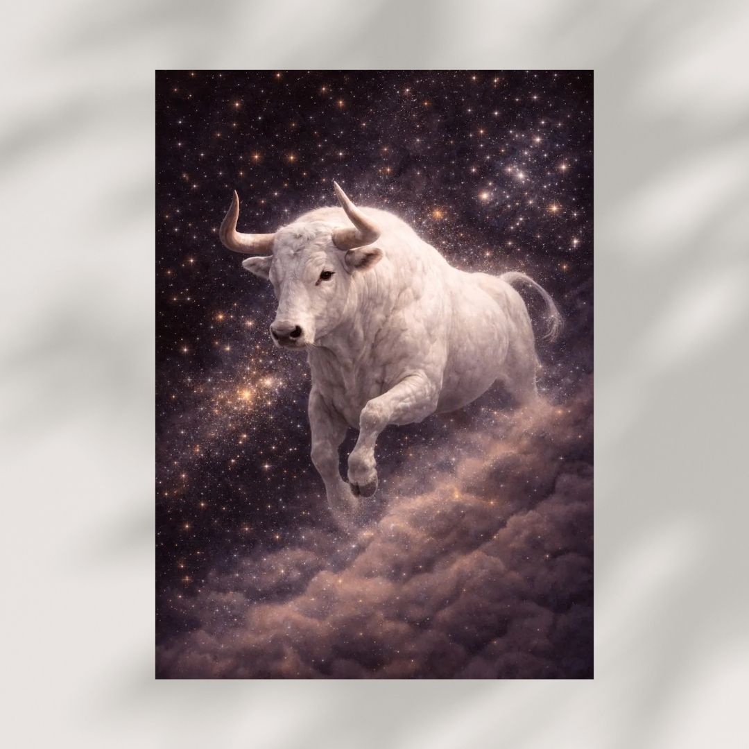 Taurus celestial art print with white bull in a star-filled cosmic sky