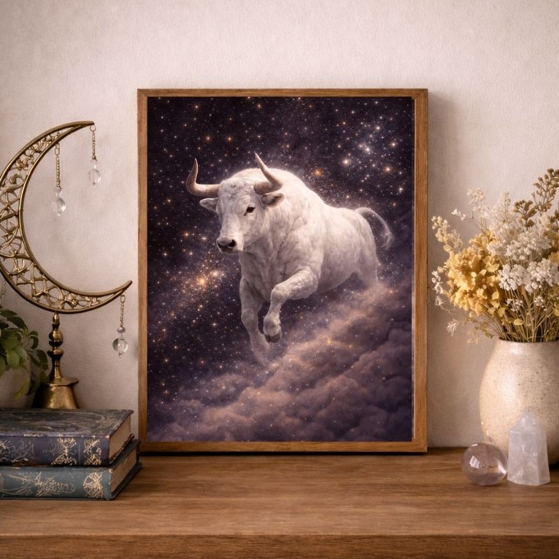 Taurus celestial art print featuring a white bull in a starry galaxy, displayed on a desk.