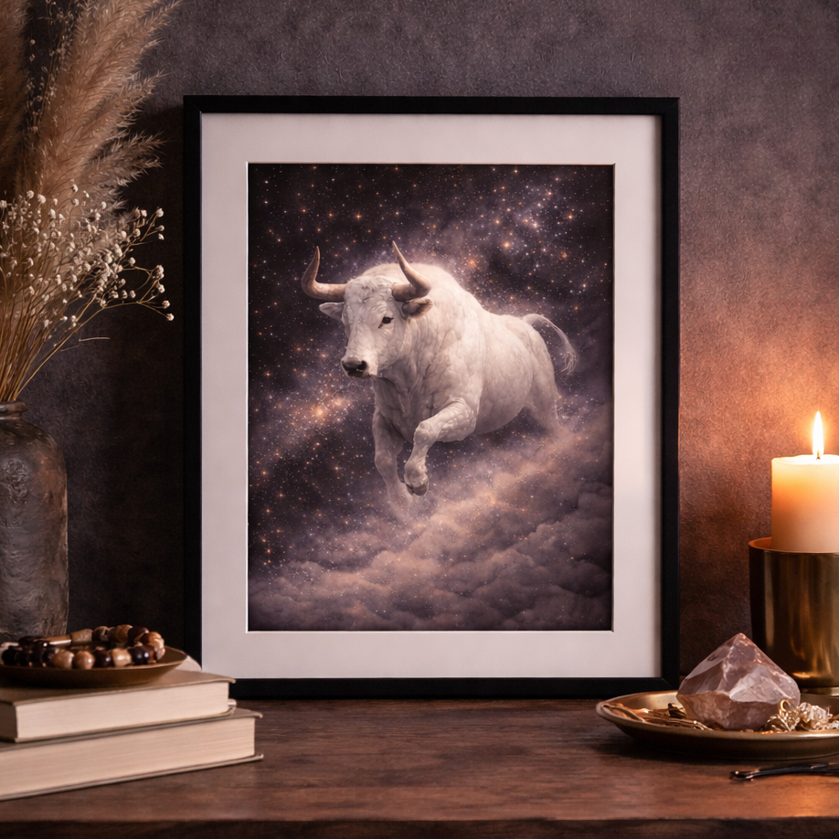 Taurus celestial bull wall art print with cosmic stars and clouds in a decorative frame