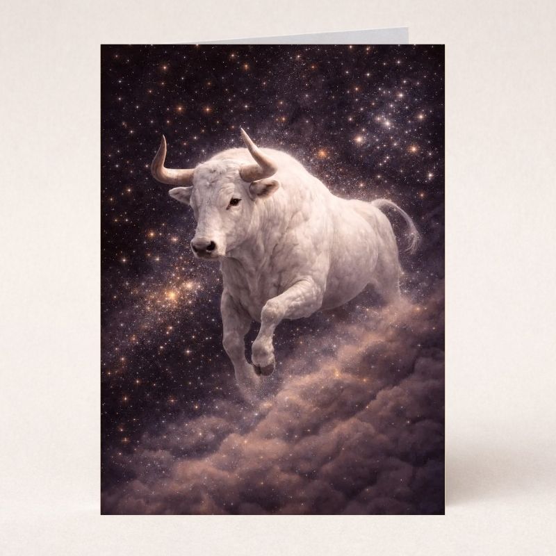 Taurus zodiac greeting card featuring a white bull against a starry celestial background