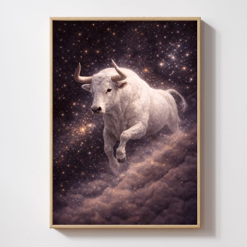 Taurus celestial wall art featuring a white bull surrounded by stars and cosmic clouds