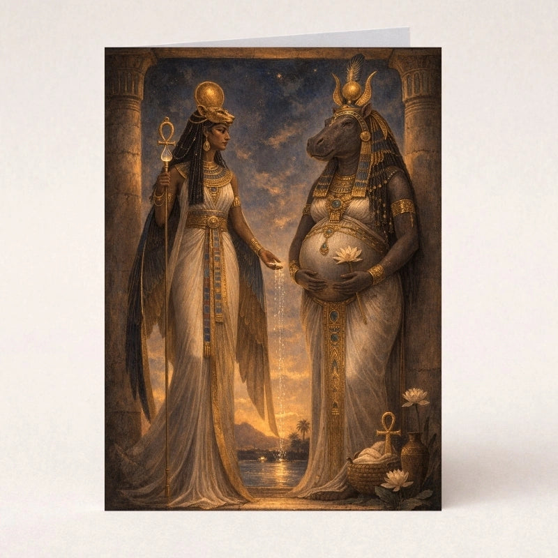 Tefnut and Taweret Egyptian goddesses standing together, symbolizing fertility, motherhood, and creation in ancient mythology
