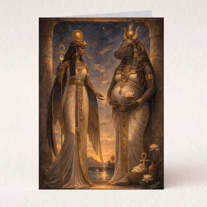 Tefnut and Taweret Egyptian goddesses standing together, symbolizing fertility, motherhood, and creation in ancient mythology