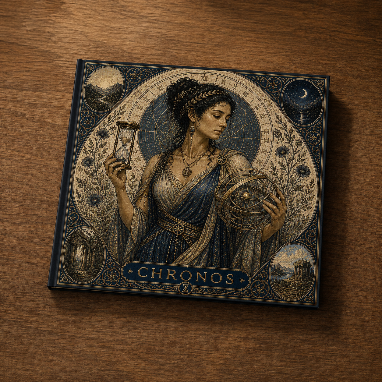 Artistic depiction of Chronos holding an hourglass and celestial sphere, surrounded by decorative elements.