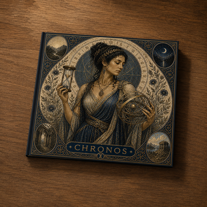 Artistic depiction of Chronos holding an hourglass and celestial sphere, surrounded by decorative elements.