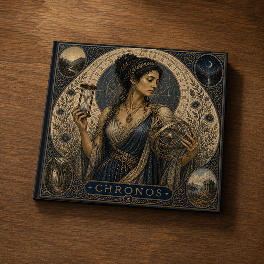Artistic depiction of Chronos holding an hourglass and celestial sphere, surrounded by decorative elements.