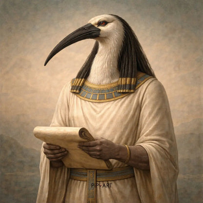 Egyptian mythology illustration of Thoth-inspired ibis-headed figure holding a scroll, representing wisdom and writing