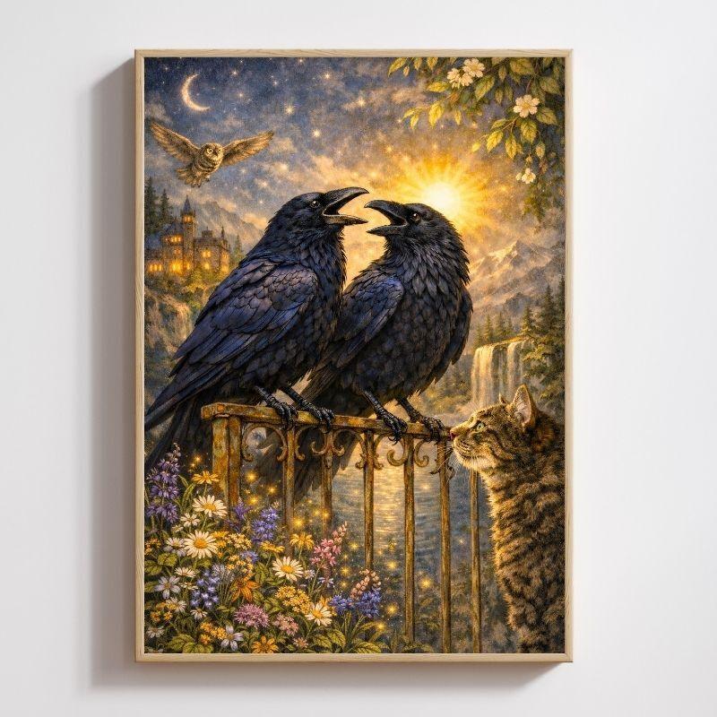 Two ravens on a fence at sunset with a cat, owl, castle, waterfall, and starry sky
