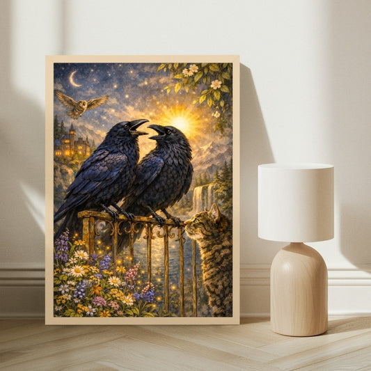 Art print of two ravens on a balcony at sunset, with a cat, owl, flowers, and fantasy landscape