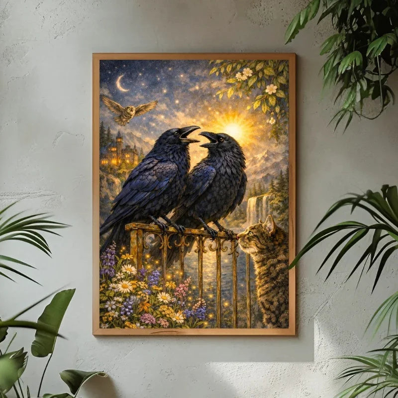 Two ravens on a fence at sunset, with flowers, a cat, owl, castle, and waterfall in a fantasy landscape art print.