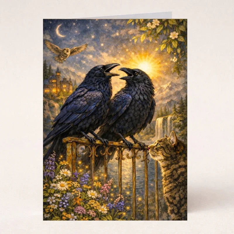 Two ravens art print with sunset, waterfall, castle, owl, flowers, and cat in a fantasy landscape