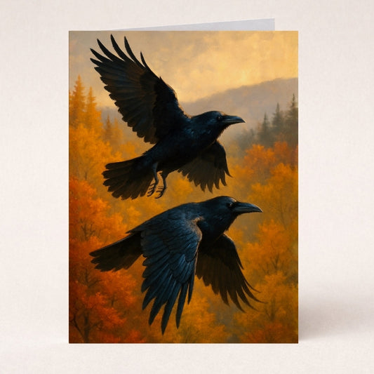 Two black ravens in flight over autumn forest greeting card, mythology art