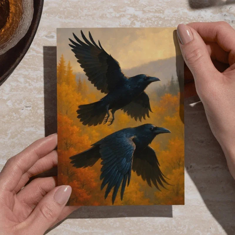 Greeting card with two ravens in flight over autumn forest, fantasy art illustration.