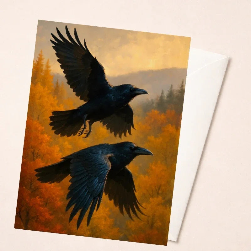 Greeting card featuring two ravens in flight over autumn forest, fantasy art design