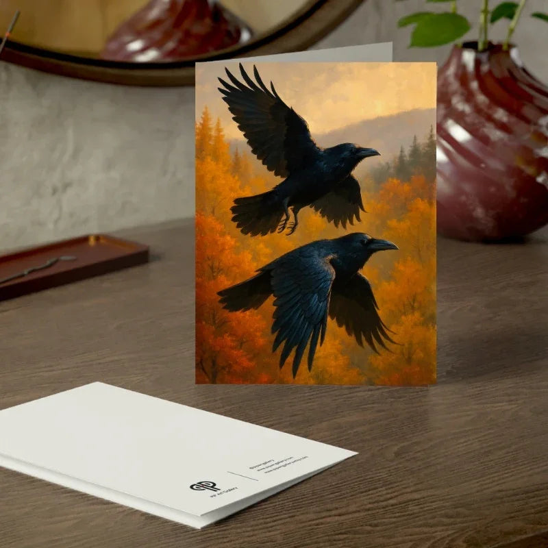 Greeting card with two ravens in flight over autumn forest, mythology art theme