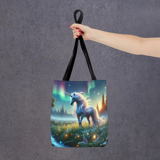 Northern Lights unicorn tote bag featuring a glowing unicorn under an aurora sky, worn as a crossbody bag.